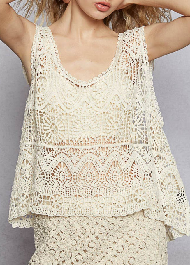 Pol - Womens - Tops - Tanks - Raelyn Round Neck Solid Crochet Top - MTT Collective