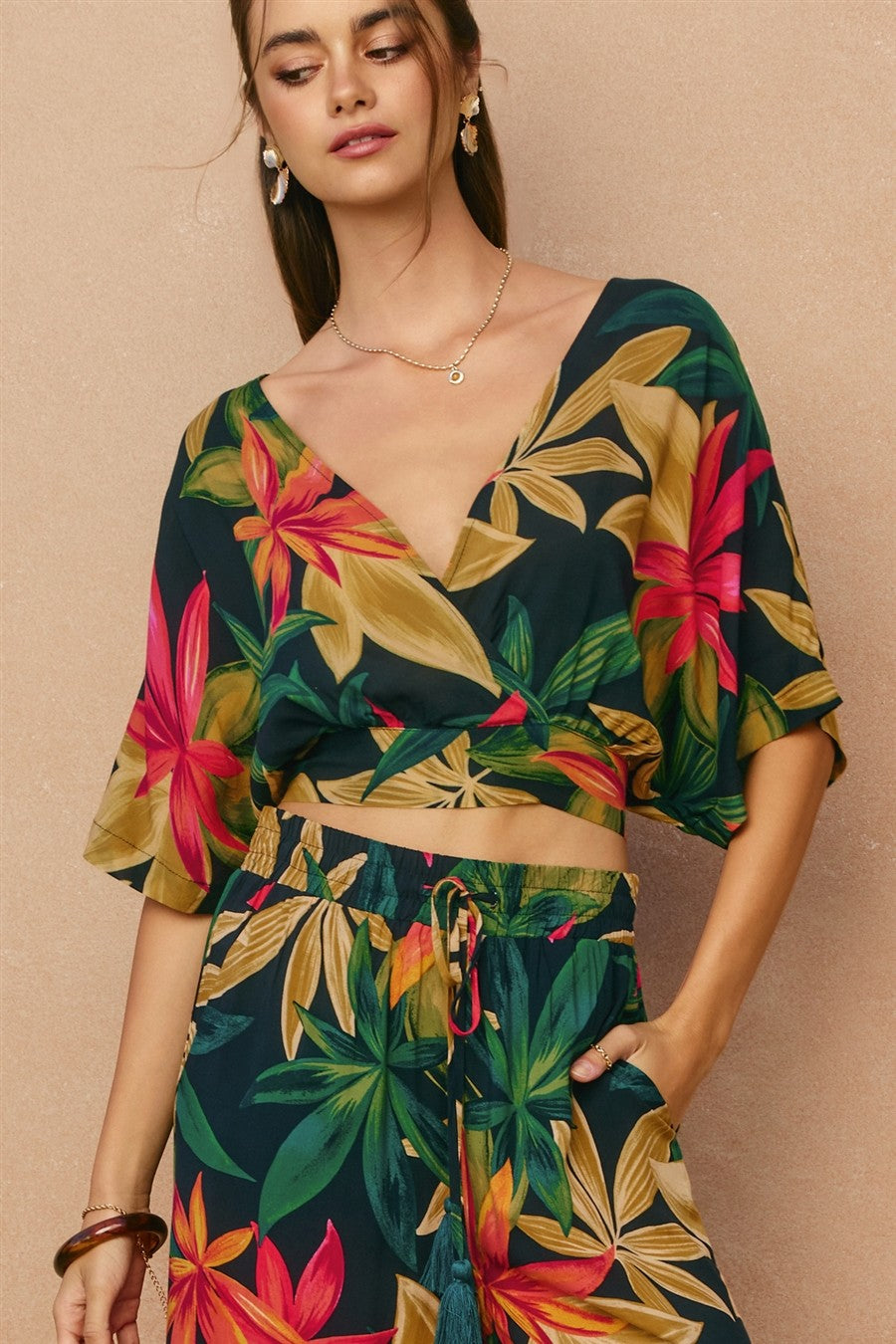 Rowan Printed Surplice Top in Midnight Paradise, front