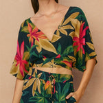 Rowan Printed Surplice Top in Midnight Paradise, front