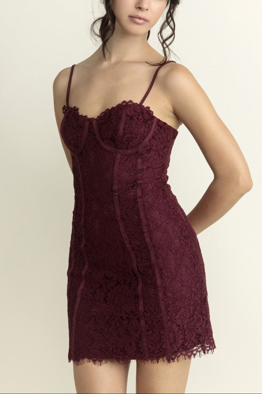 Woman wearing a burgundy lace dress against a plain background