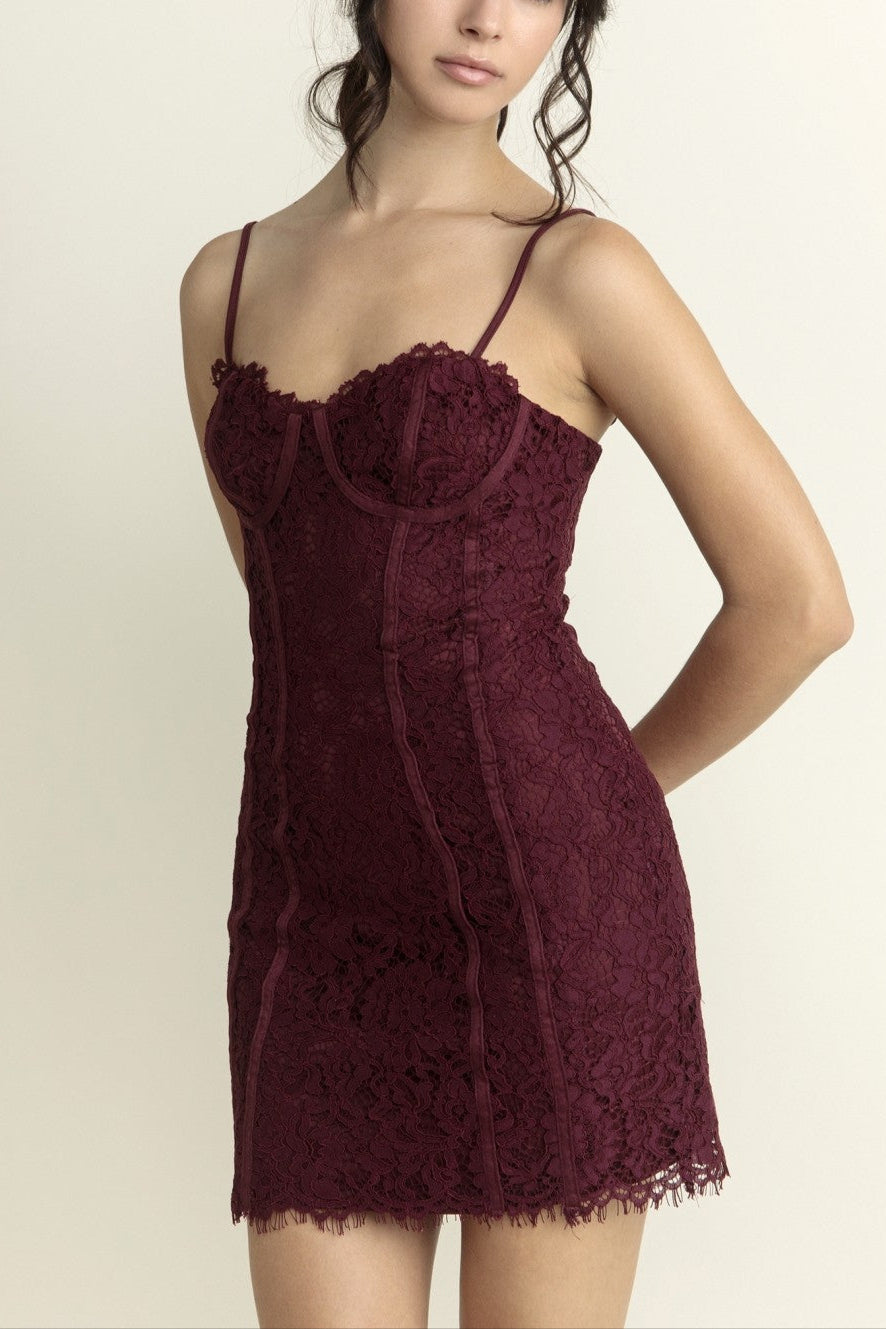 Woman wearing a burgundy lace dress against a plain background