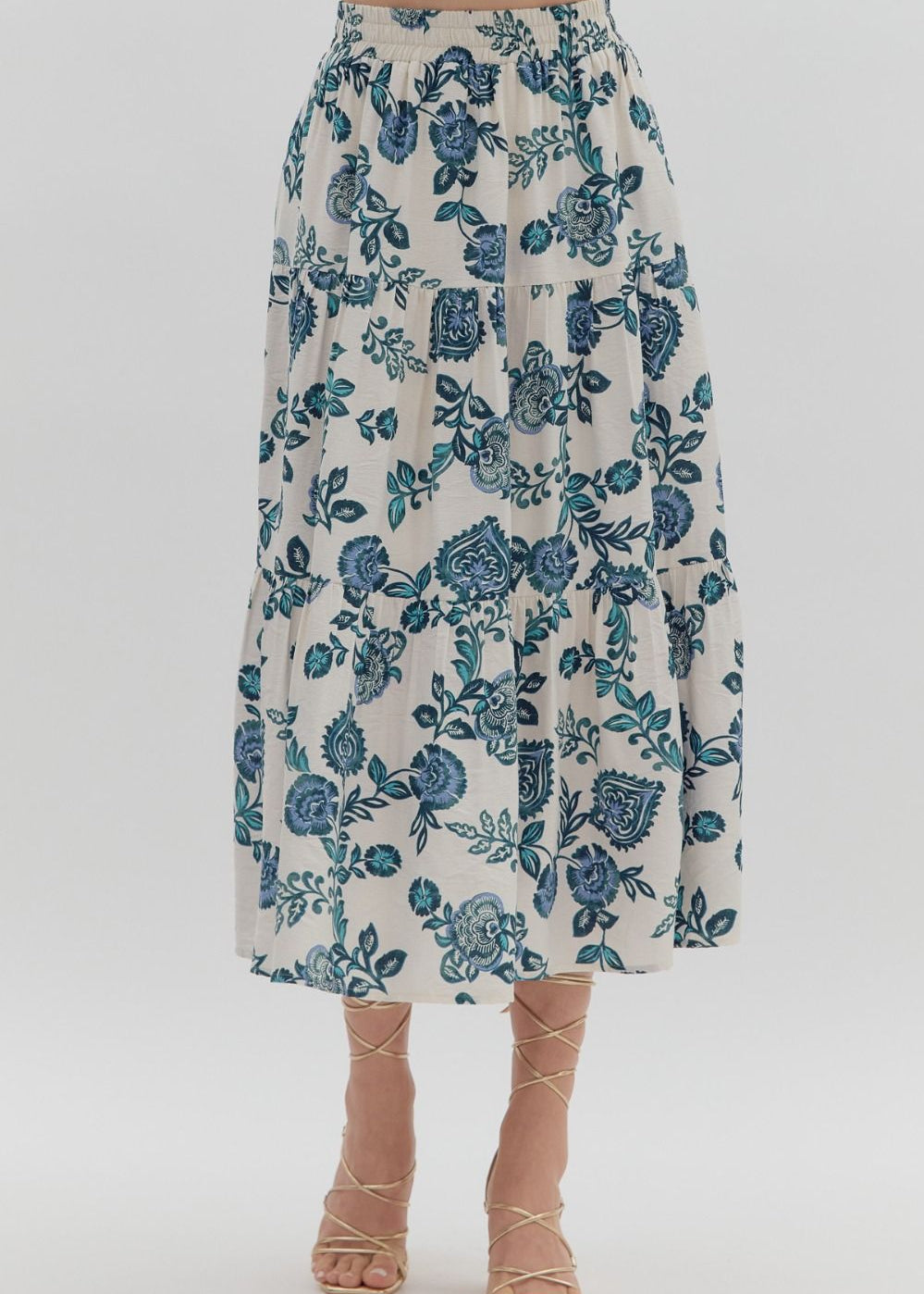 entro - Womens - Bottoms - Skirts - White & Teal Floral Maxi Skirt - MTT Collective