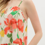 Floral dress with red and green flowers on a white background