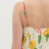 Floral dress with colorful straps on a plain background