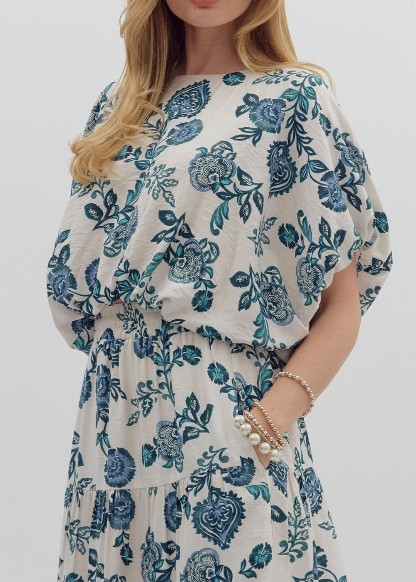 entro - Womens - Tops - Blouses - White & Teal Floral Top - MTT Collective