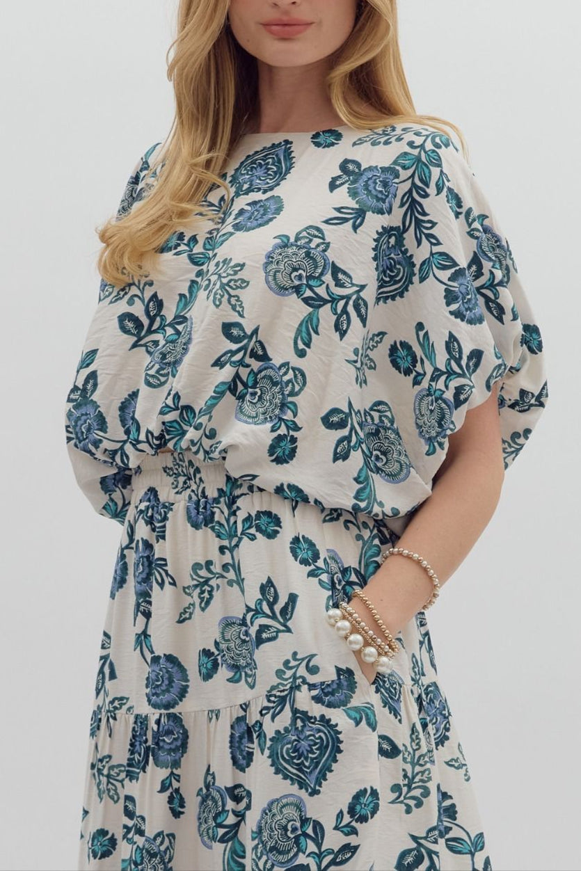 entro - Womens - Tops - Blouses - White & Teal Floral Top - MTT Collective