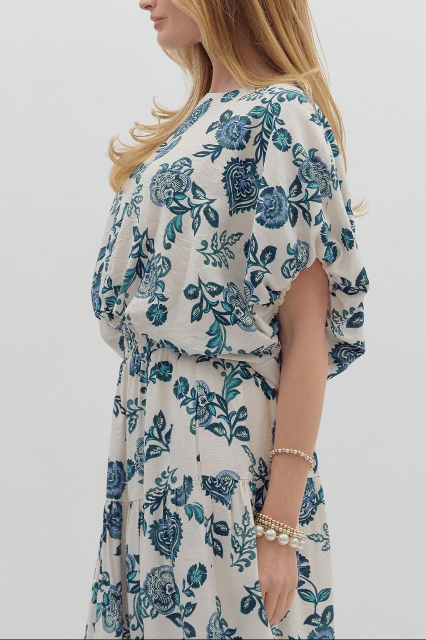 entro - Womens - Tops - Blouses - White & Teal Floral Top - MTT Collective