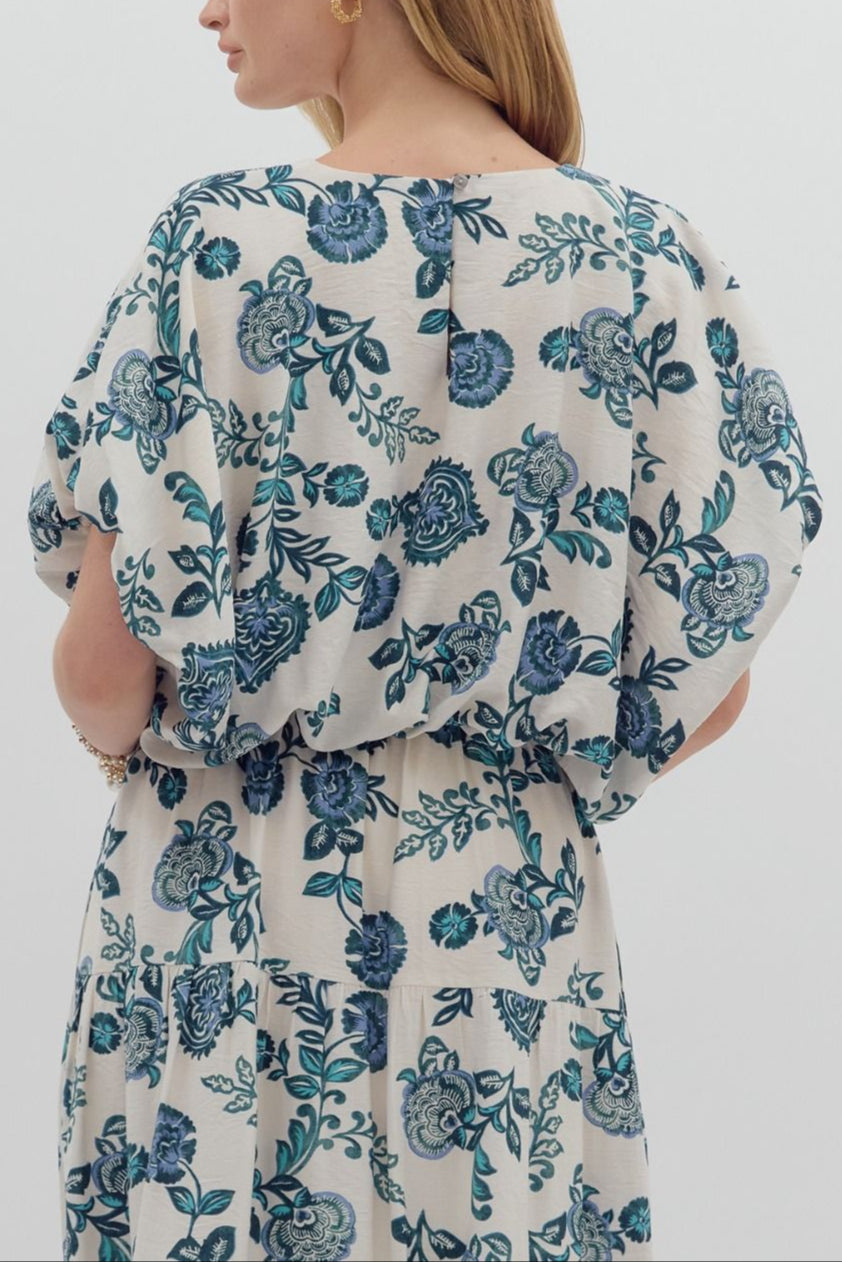 entro - Womens - Tops - Blouses - White & Teal Floral Top - MTT Collective