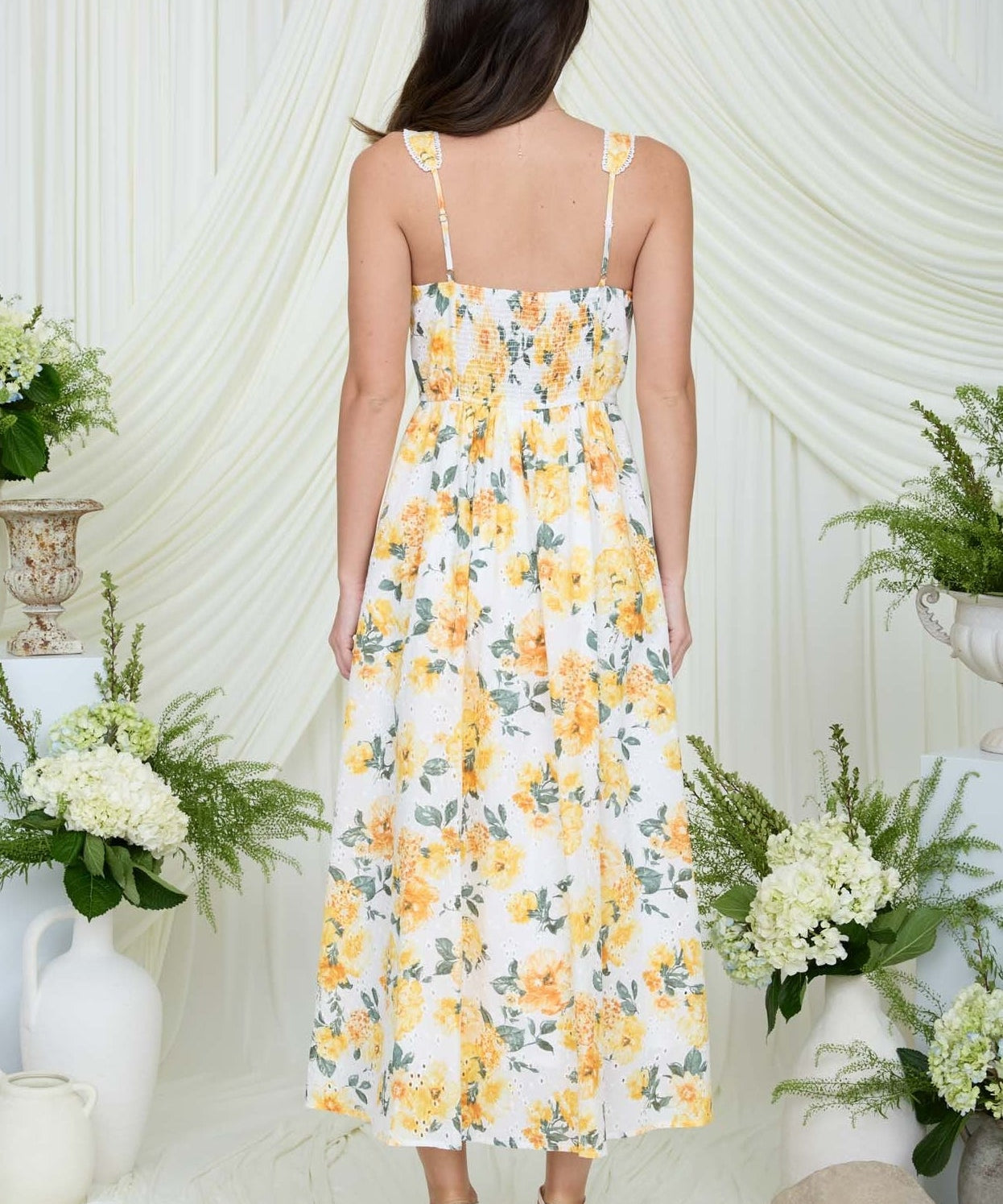 Eyelet Pattern Scallop Lace Trim Midi Dress - MTT Collective