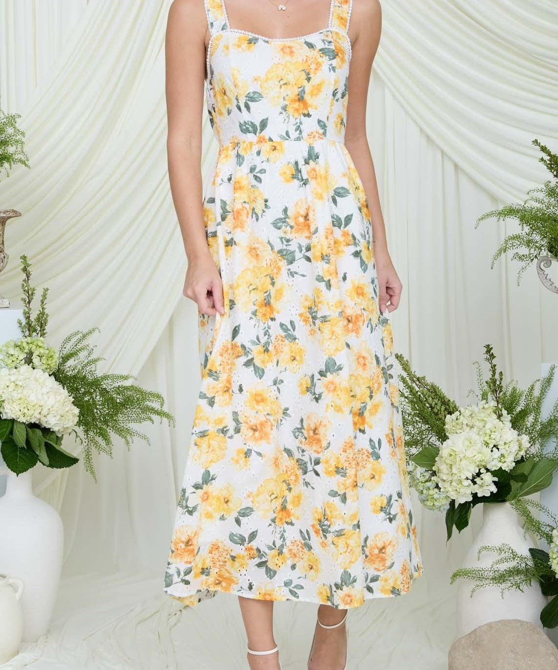 Eyelet Pattern Scallop Lace Trim Midi Dress - MTT Collective