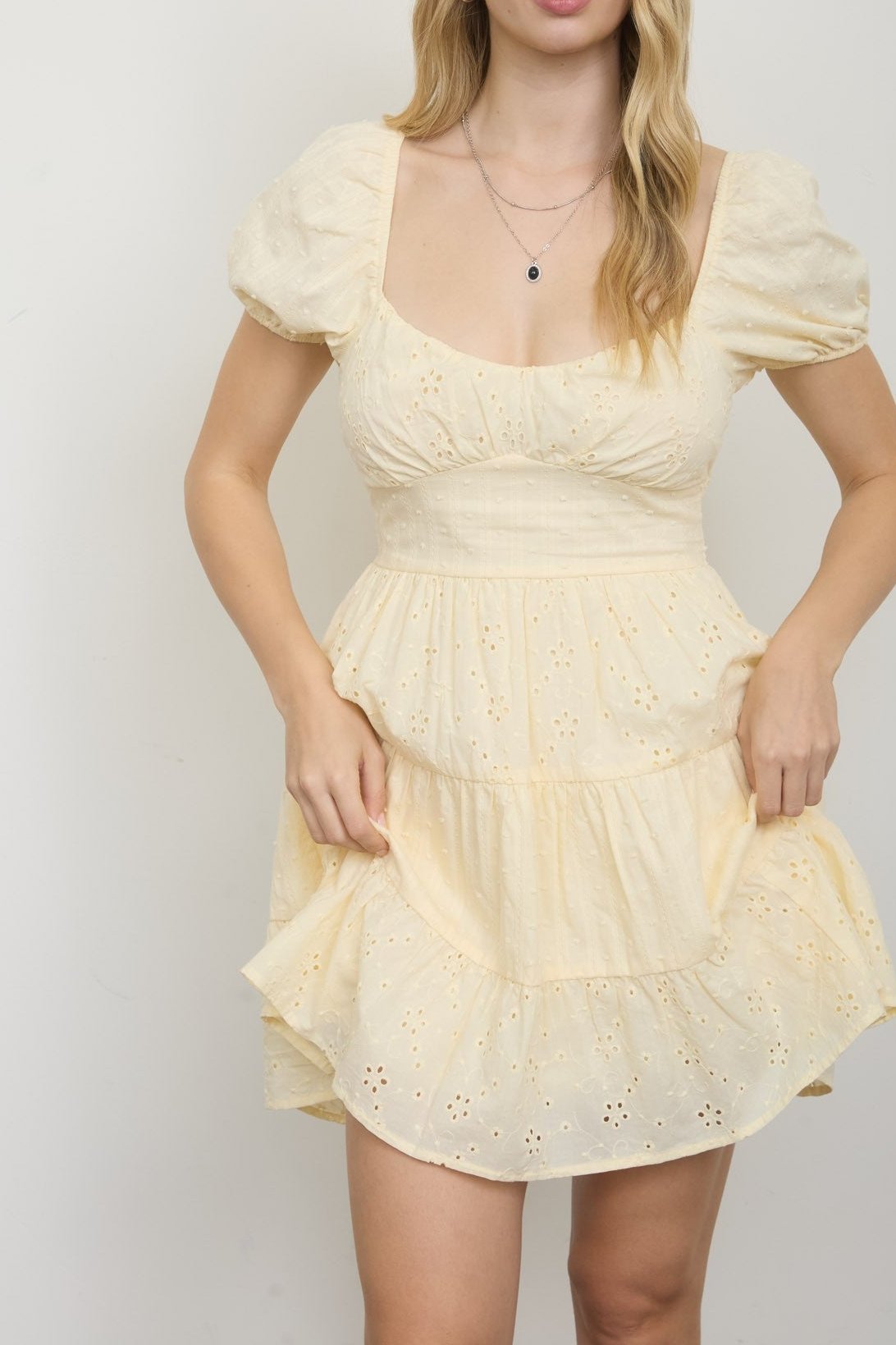 Eyelet Puff Sleeve Tiered Midi Dress - MTT Collective