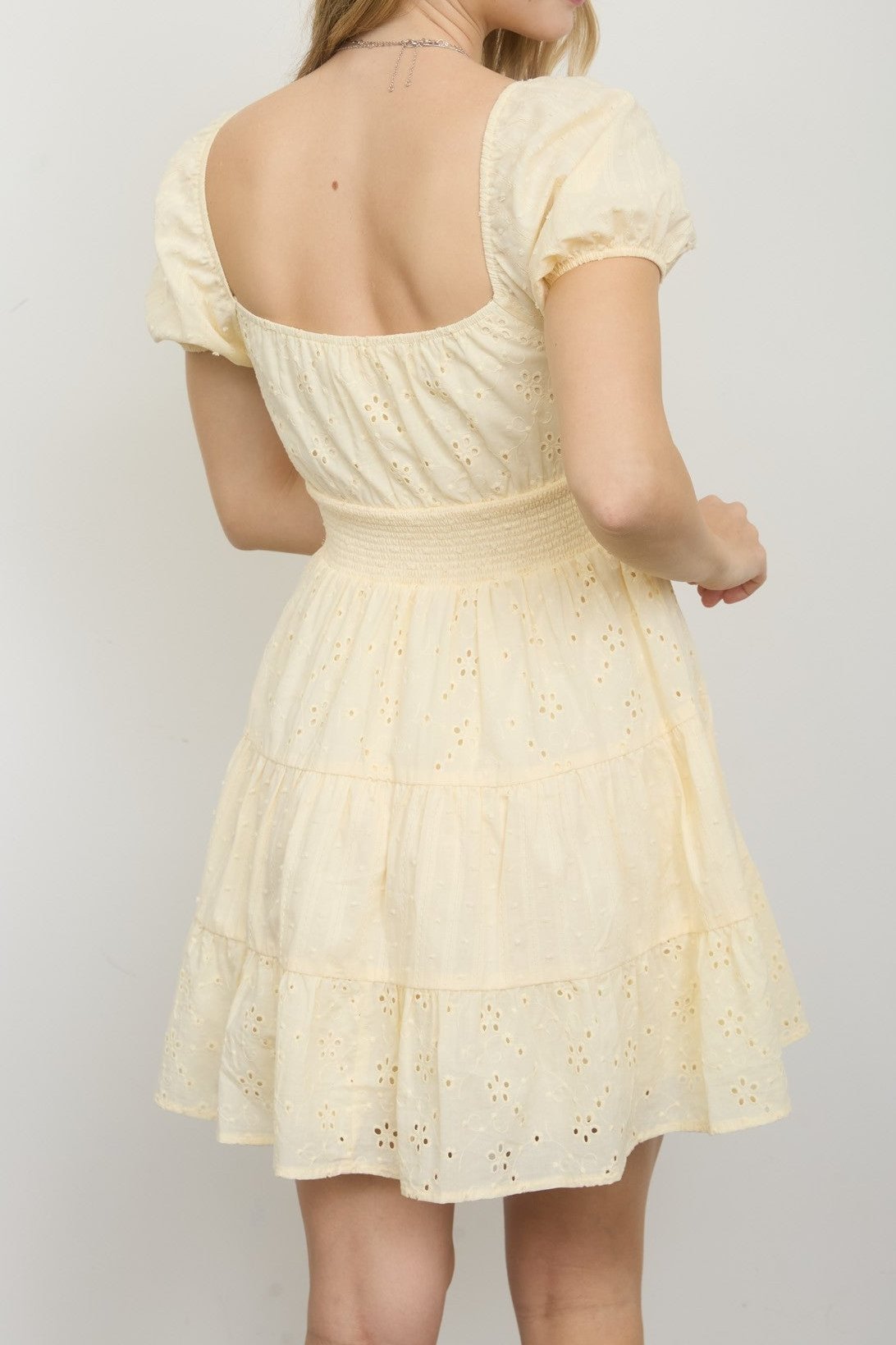 Eyelet Puff Sleeve Tiered Midi Dress - MTT Collective