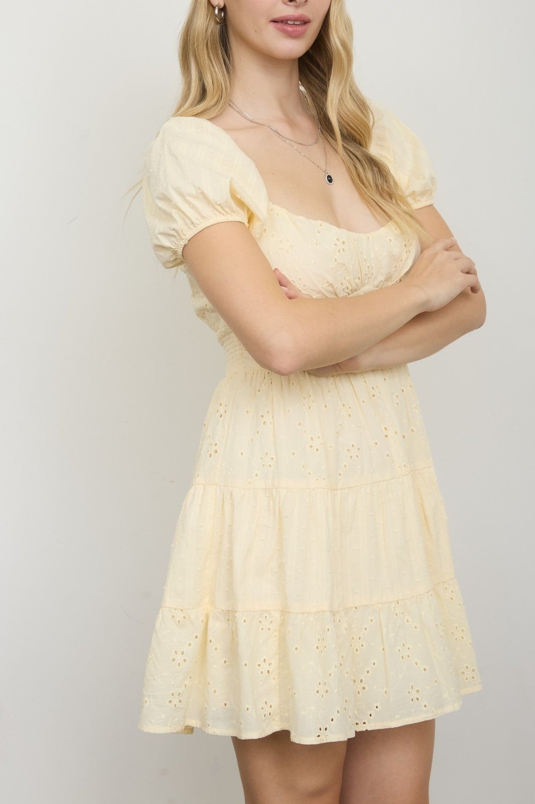 Eyelet Puff Sleeve Tiered Midi Dress - MTT Collective