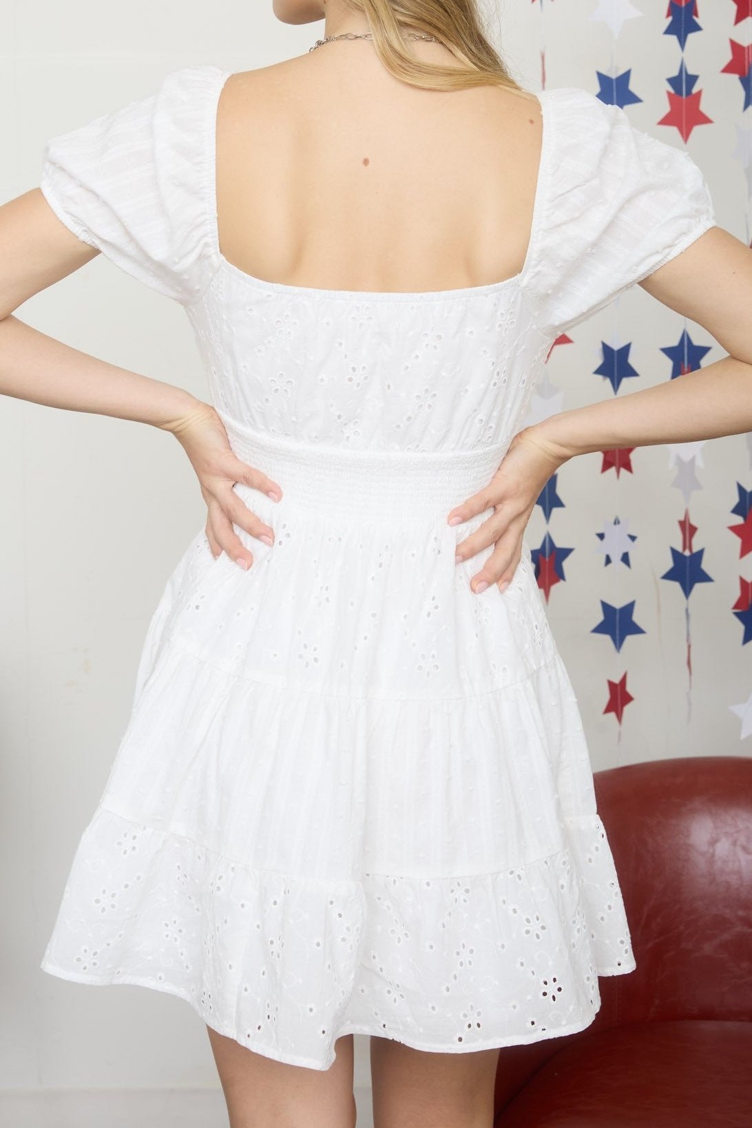Eyelet Puff Sleeve Tiered Midi Dress - MTT Collective