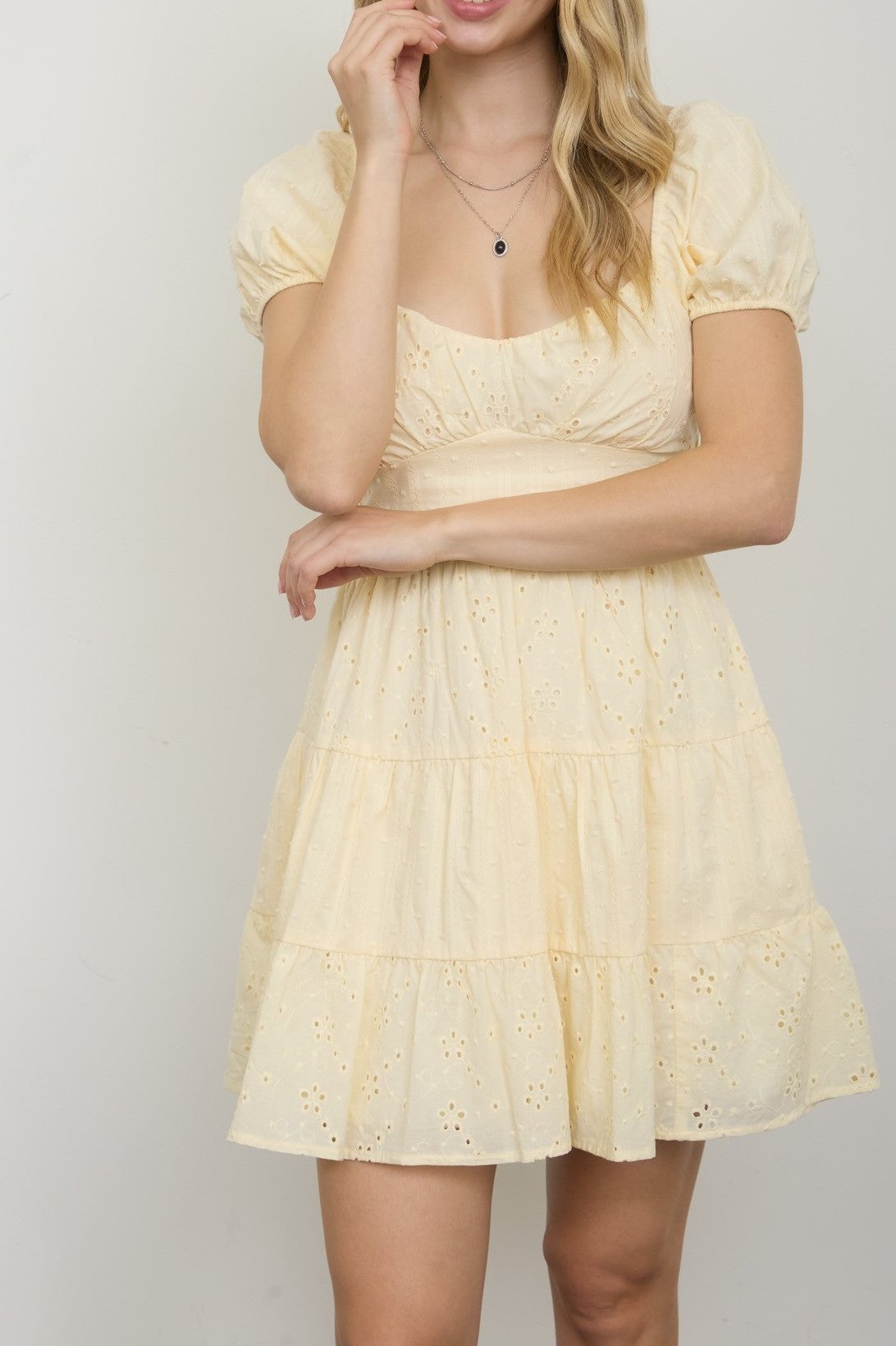 Eyelet Puff Sleeve Tiered Midi Dress - MTT Collective