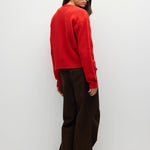 RED 4 fuzzy knit cardigan in red, back view