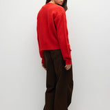 RED 4 fuzzy knit cardigan in red, back view