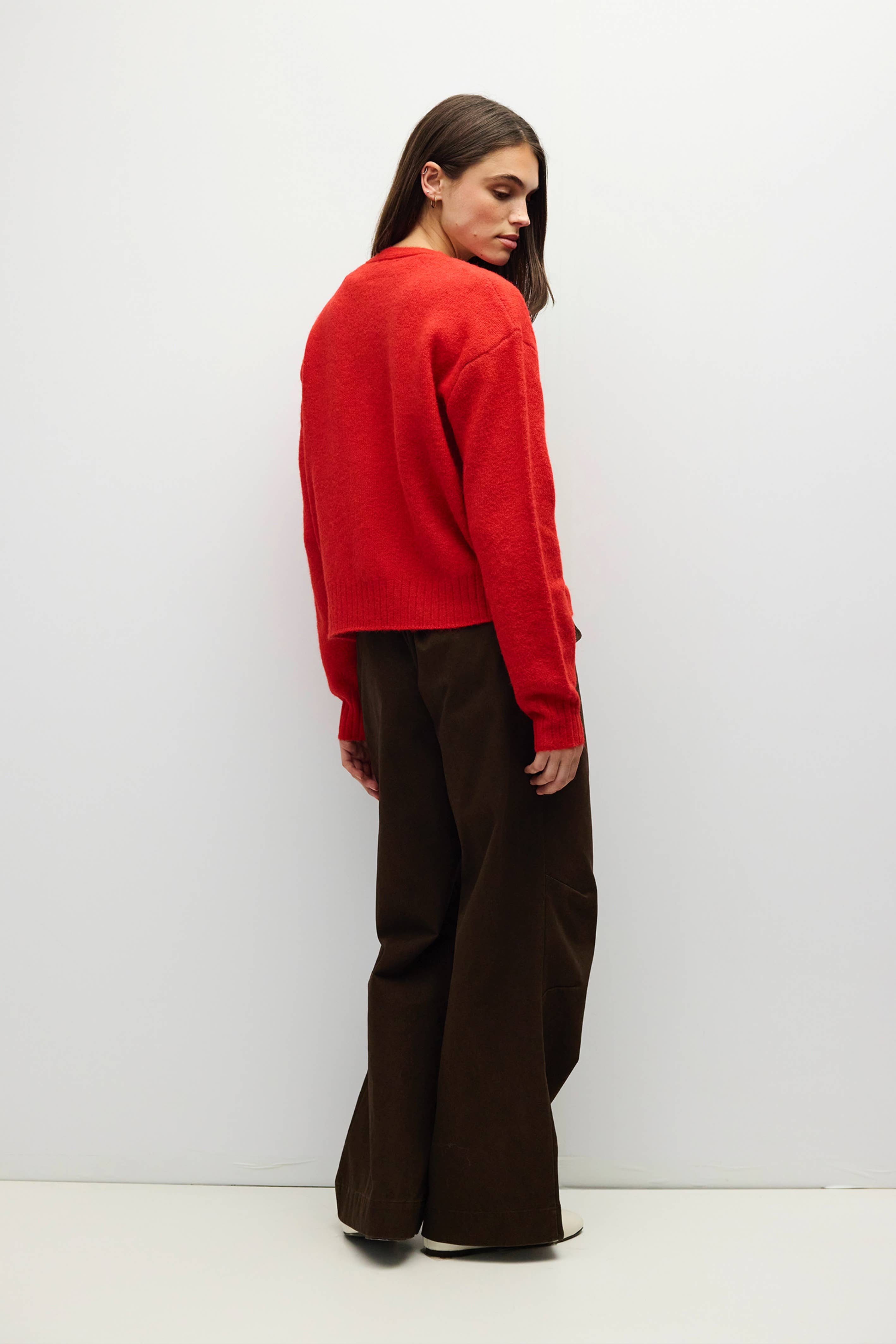RED 4 fuzzy knit cardigan in red, back view