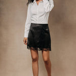 Nocturne Satin Lace Mini Skirt in Black, front view