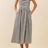Justine Striped Fitted Ruched Bodice Midi Dress