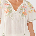 Floral Embroidery Split Neck Short Sleeve Top Cream/Coral