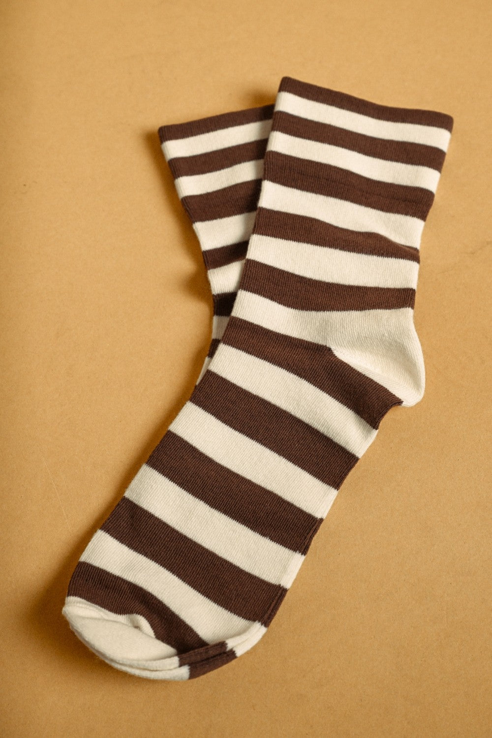 Bold Stripe Crew Socks in Cream/Brown