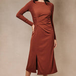 Hearth Pleated Midi Dress in Brick, front view