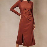 Hearth Pleated Midi Dress in Brick, front view