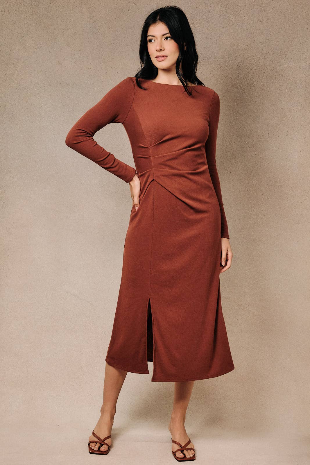 Hearth Pleated Midi Dress in Brick, front view
