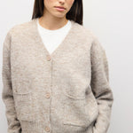 TAUPE 4 close up of taupe fuzzy knit and button front