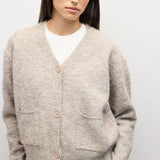 TAUPE 4 close up of taupe fuzzy knit and button front