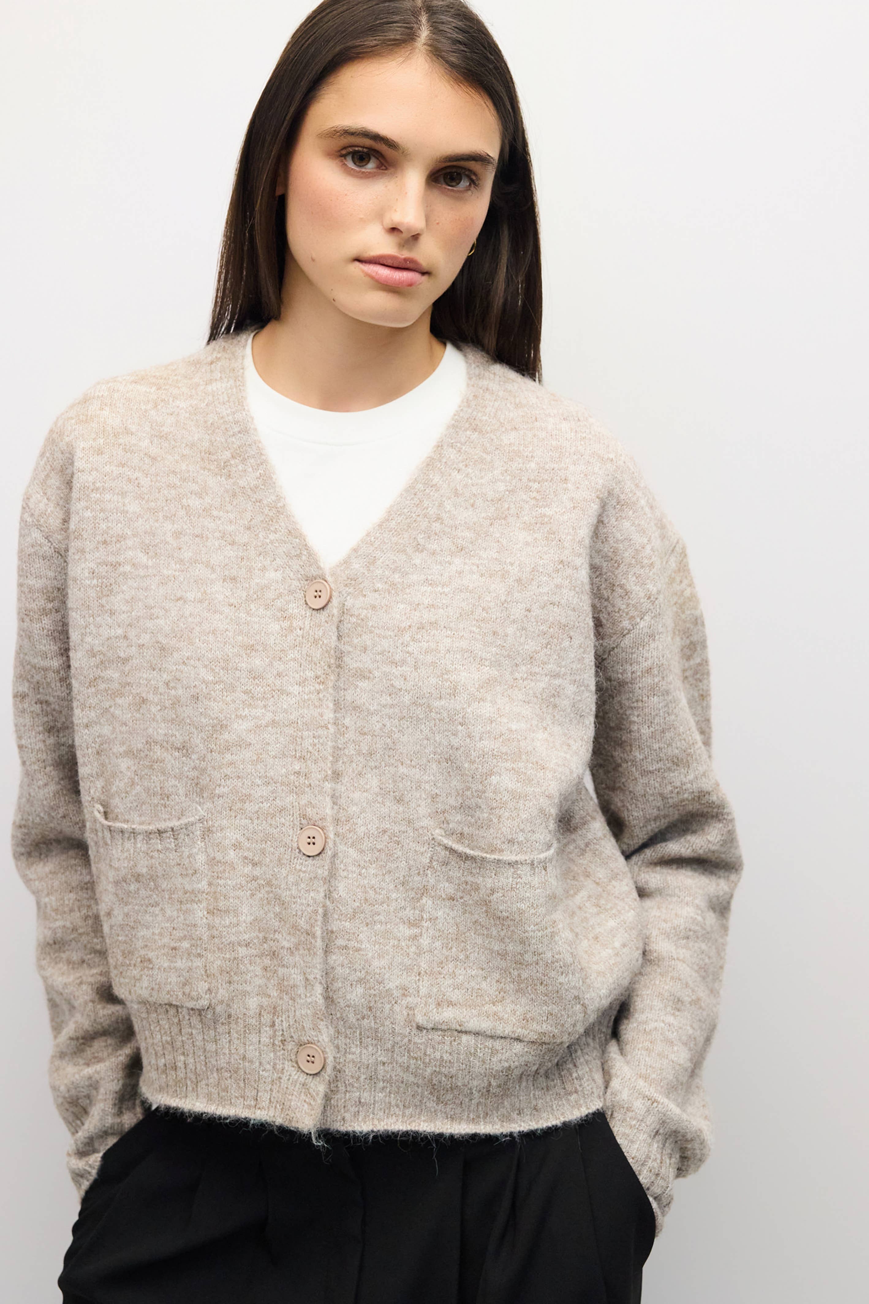TAUPE 4 close up of taupe fuzzy knit and button front