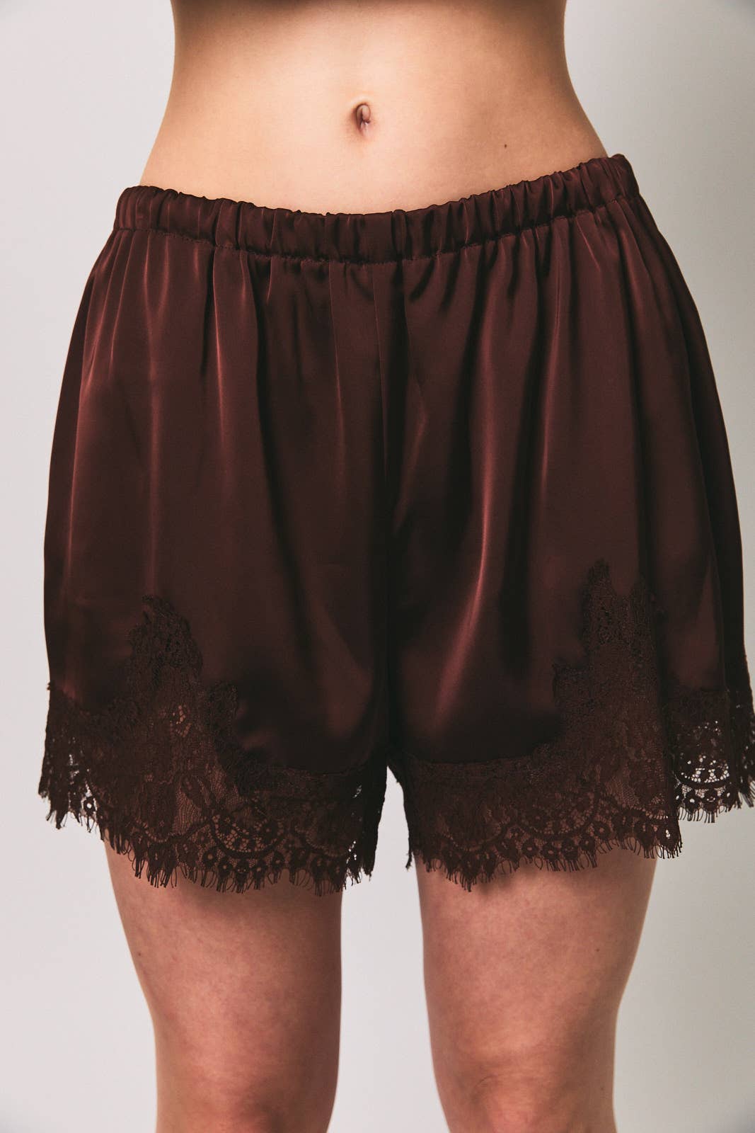Juniper Lace Trim Shorts in Chocolate, front