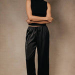 Firelight Satin Lace Hem Pants in Black, front view