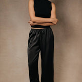 Firelight Satin Lace Hem Pants in Black, front view