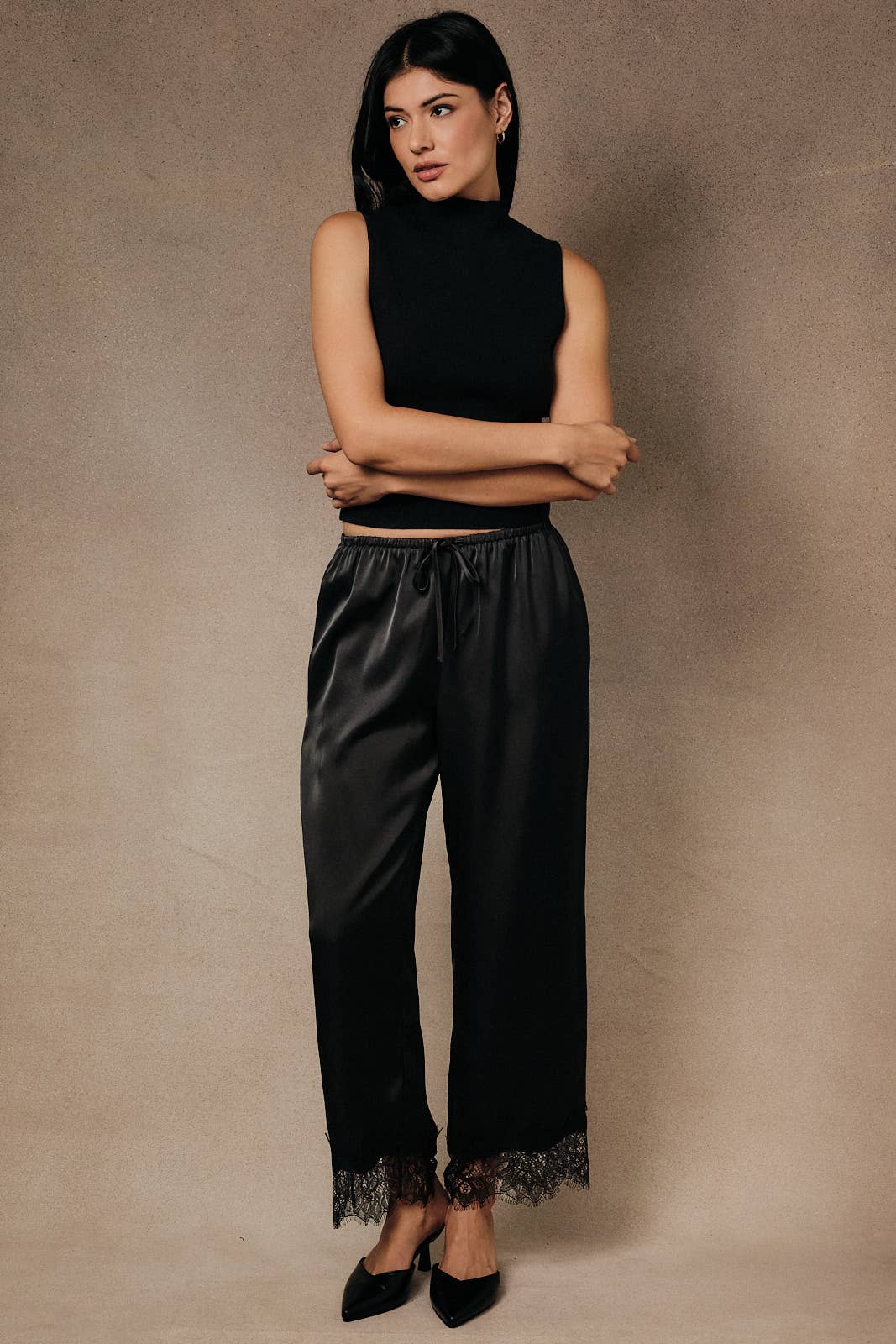 Firelight Satin Lace Hem Pants in Black, front view