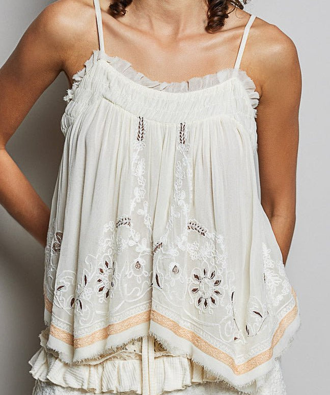 Faye Sleeveless Embroidered Raw Edge Top - MTT Collective