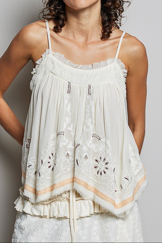 Faye Sleeveless Embroidered Raw Edge Top - MTT Collective