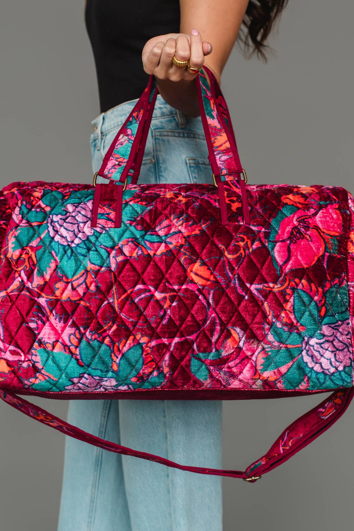 Wildflower Woven Duffel in burgundy floral