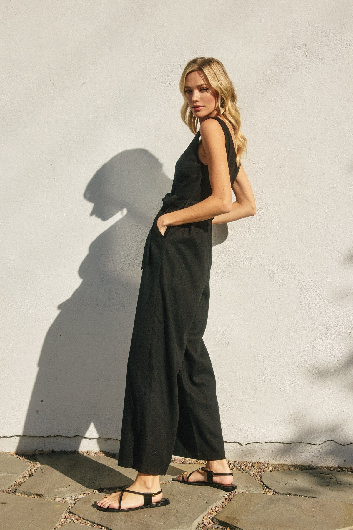 Alder Linen Button Front Jumpsuit in Black, side