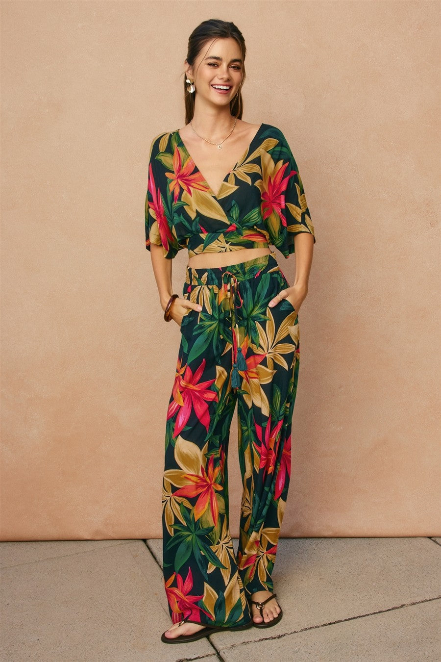 Rowan Printed Surplice Top in Midnight Paradise, neckline detail