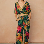 Rowan Printed Surplice Top in Midnight Paradise, neckline detail