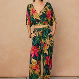 Rowan Printed Surplice Top in Midnight Paradise, neckline detail