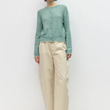 Knit cardigan with contrast trim in blue heather grey, front view