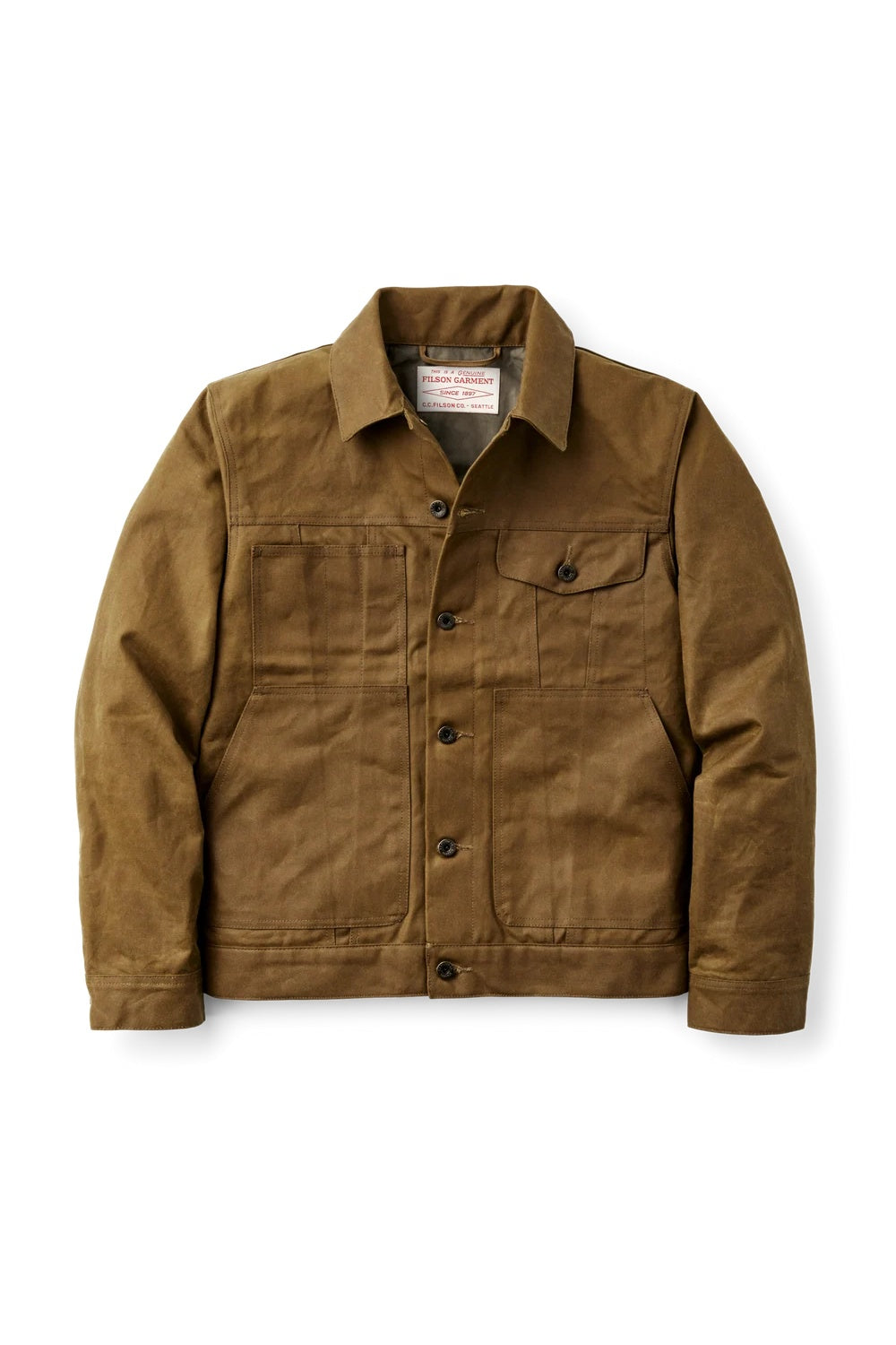 Filson Tin Cloth Short Lined Cruiser Jacket Dark Tan flat lay front