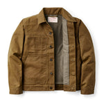 Filson Tin Cloth Short Lined Cruiser Jacket Dark Tan flat lay open front showing lining