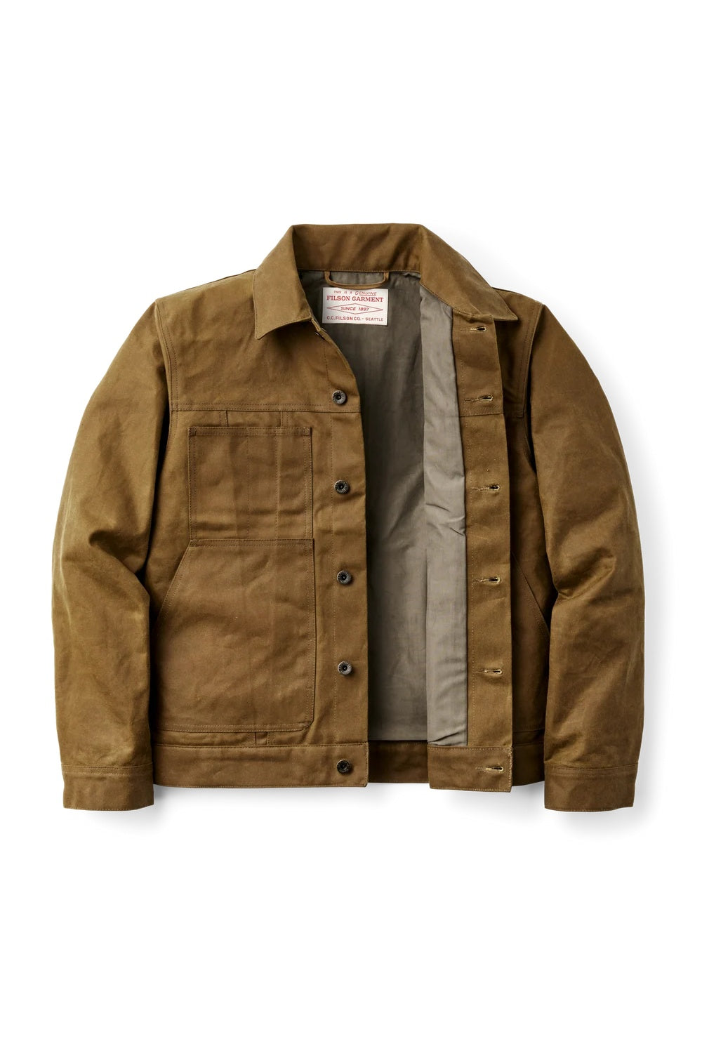 Filson Tin Cloth Short Lined Cruiser Jacket Dark Tan flat lay open front showing lining