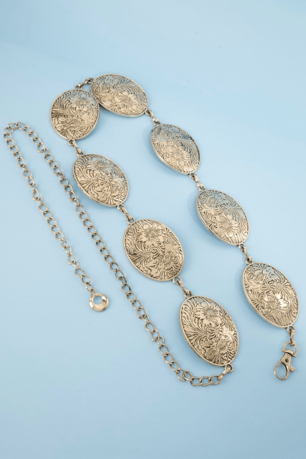 Gracelynn Flower Engraved Oval Concho Chain Belt - MTT Collective