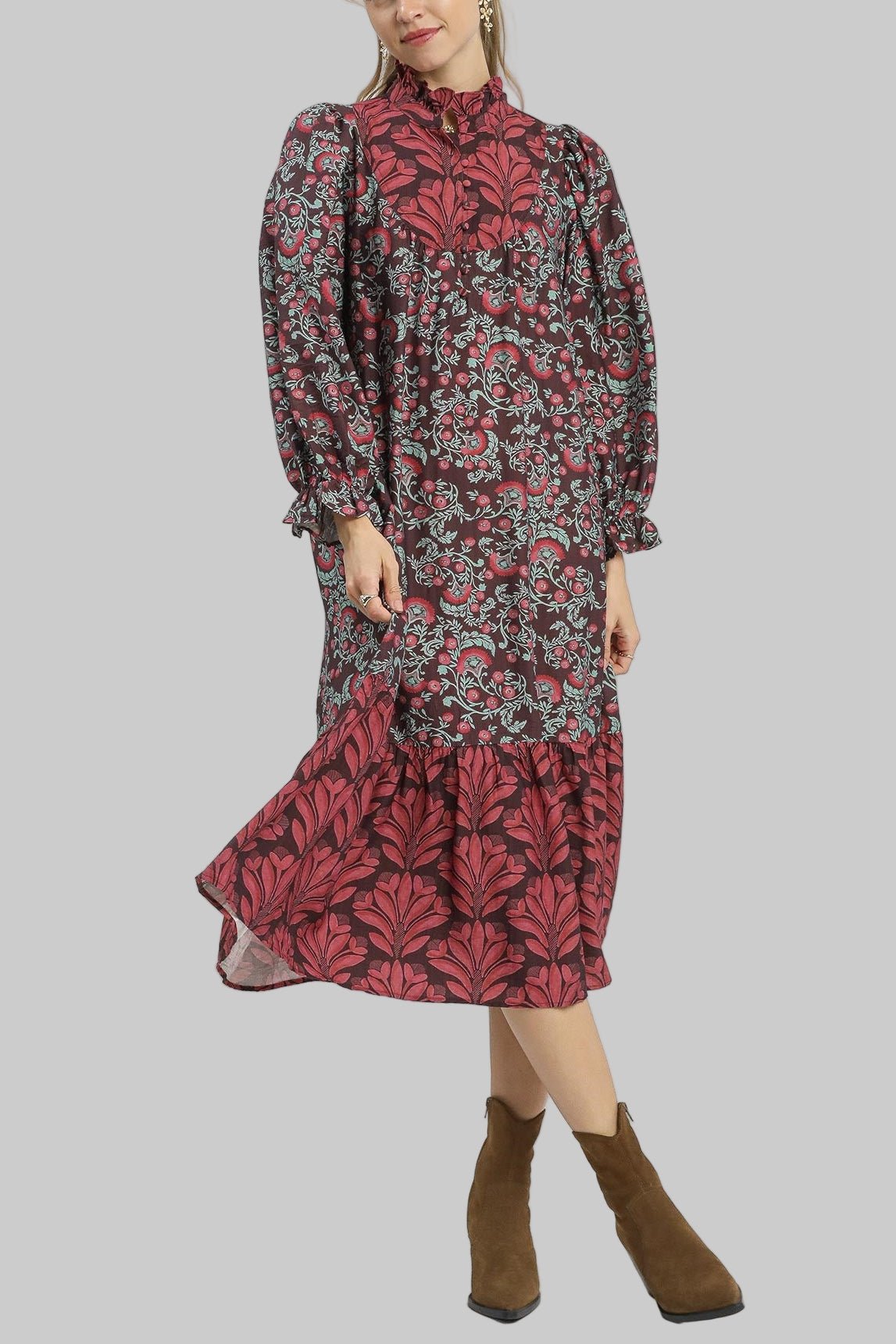 Harper Ruffle Mock Neck Midi Dress - MTT Collective