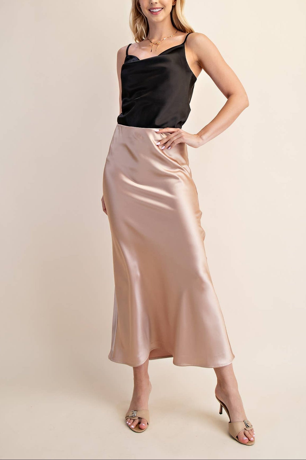 Helena Waist Elastic Band Midi Satin Skirt - MTT Collective